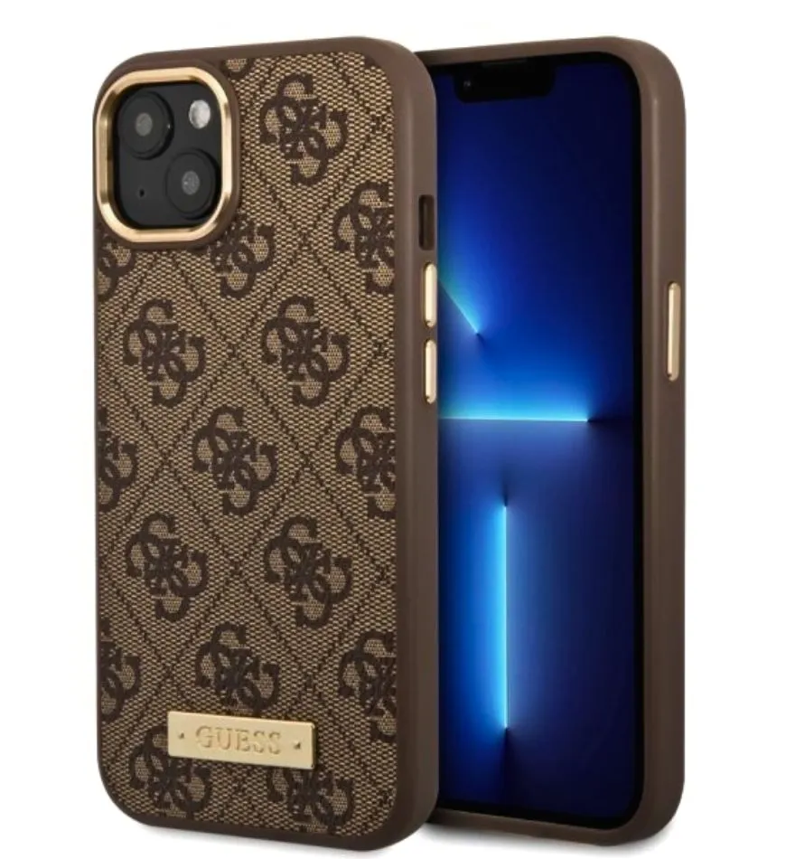 Guess iPhone 14 Hard Case Back Cover - 4G - Gold Camera & Buttons - Magsafe Compatible - Brown